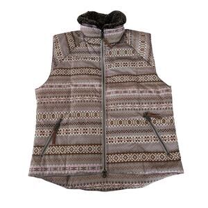 Ugg Womens Down Puffer Vest Size M Taupe & Pink Aztec Detachable Shearling Neck